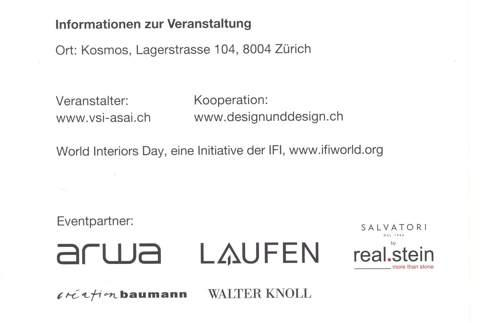 VSI.ASAI - World Interior Day 25. Mai 2018 - Kulturhaus Kosmos Zürich 